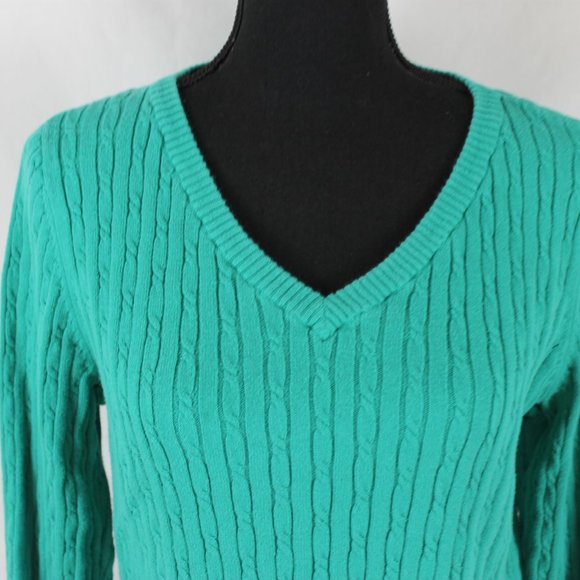 CARIBBEAN JOE Knitted Sweater Woman Sizer XL Green Cable Knit Long Sleeve V Neck - Picture 3 of 10